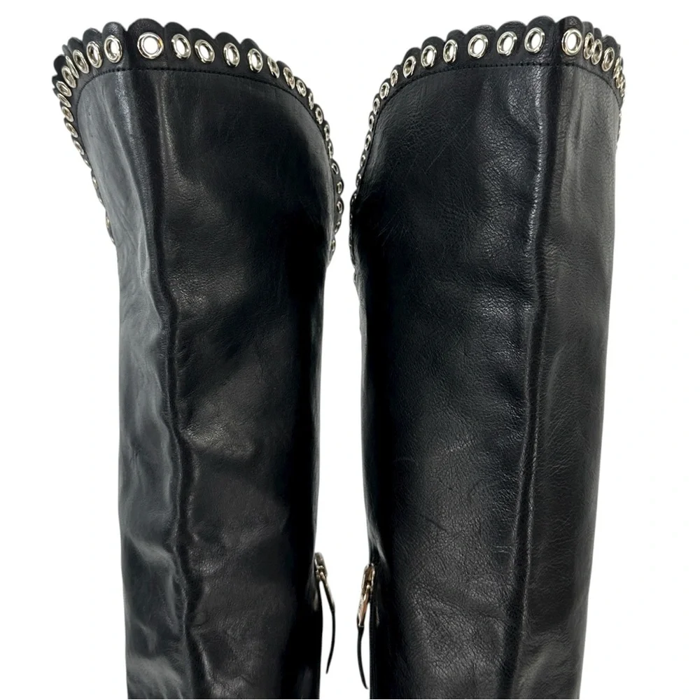 LK Bennett Black Leather Grommet Detail Over the Knee Flat Tall Riding Boots